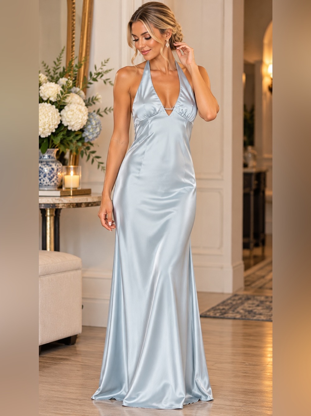 NWT Bobbles & Lace Blinding Lights Pale Blue Satin Halter Maxi Dress Size L